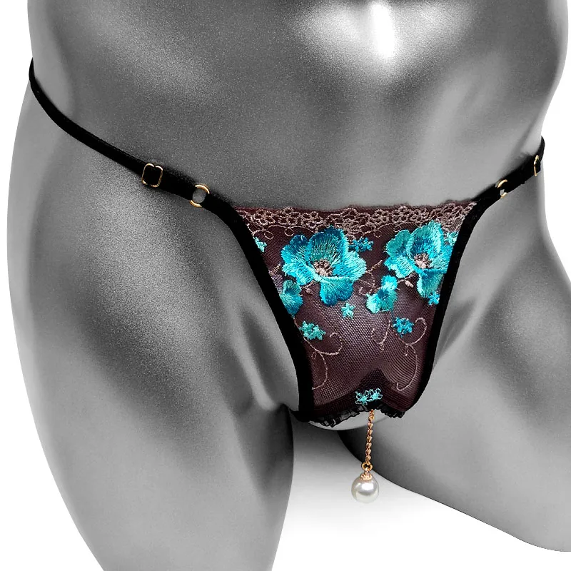 Luxury Mens Sexy Thong Underwear Transparent Lace Low Rise Embroidered Floral G-String Pendant Sissy Panties Undderpants