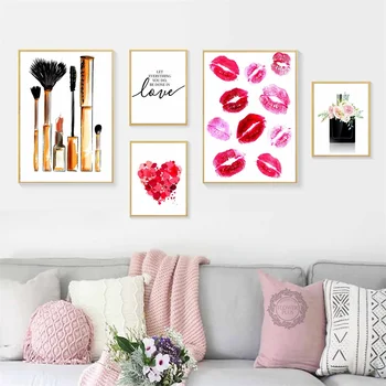 

Watercolor Red Lips Heart Makeup Brush Wall Art Canvas Painting Nordic Posters And Prints Wall Pictures Room quadro cuadros