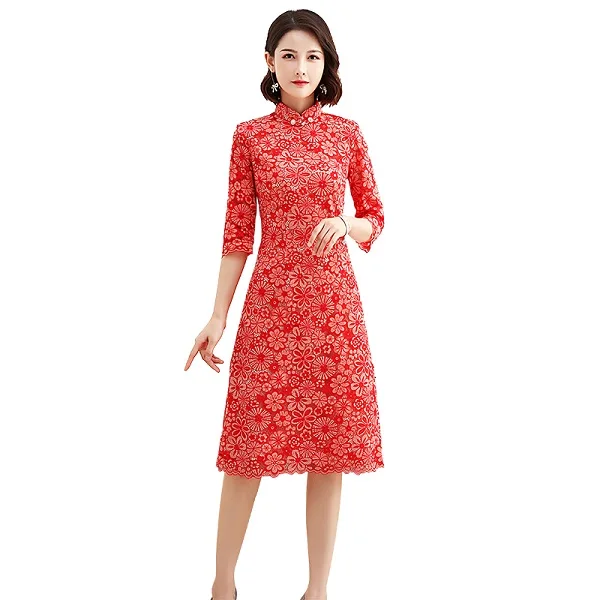Красный Шанхай история Половина рукава до колена cheongsam платье кружева Ципао китайское платье китайский стиль платье для женщин 2 цвета - Цвет: Красный