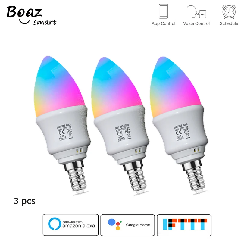 

E12 WiFi LED Candle Bulbs RGBCW Warm/Cool white Bedroom Smart Home Light 5W Led Smart Bulb Voice control Alexa Google Home 3pcs