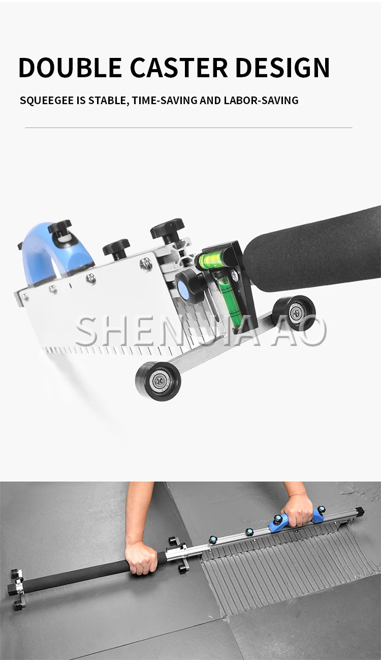Retractable leveling asher with long and large scraper tile glue grooving and le