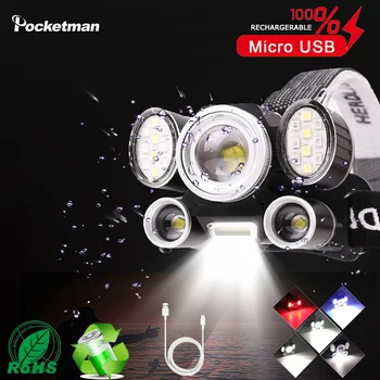 

8000LM LED Headlamp 6 LED Headlight 5 modes XHP50 COB T6 Rechargeable Light 18650 Battery Headlight Red Blue Color Headlamp