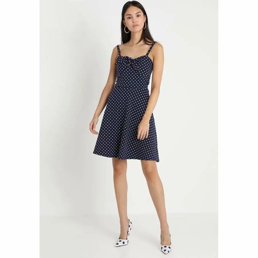 

Cross Border 19 Dress Slimming Play Ornaments V-neck Retro Blue Polka Dots Printed Strapped Dress Slim Fit A- line Short Skirt S