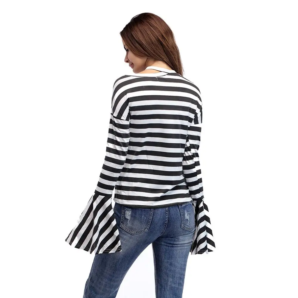 Новинка, осенняя женская футболка, длинный рукав, в полоску, негабаритный, рукав-фонарик, топы AB229