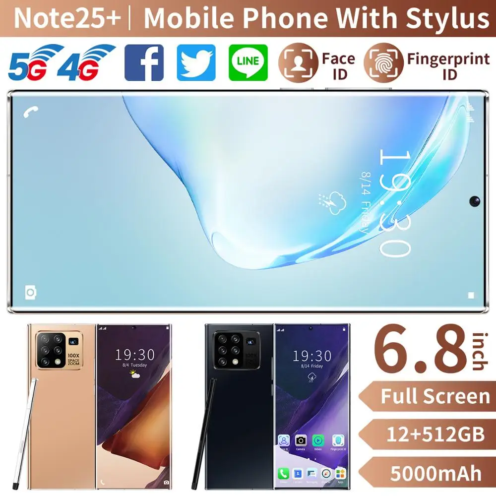 6.8 Inch Galax Note25+ Mobile Phone Snapdragon 865 Android 10.0 12GB 512GB 5000mAh Fingerprint Unlock Smart Cellphone GPS WiFi
