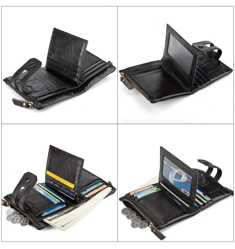 MAHEU RFID Leather Short Purse 2 Folds Double Zipper Short Wallet Men Women Multifunction Leather Purse Wallet Small Male Female