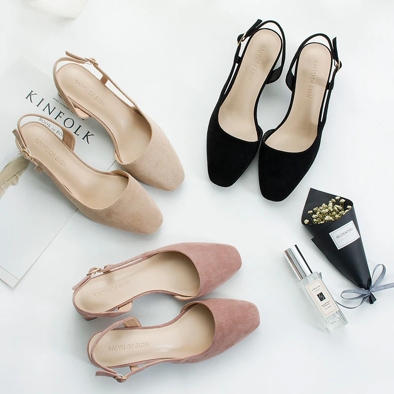 

Shoes Woman 2019 Winter Slingback Solid Flock Square High Heels Pumps Women's Square-Toe Ankle Straps Casual Sweet Wedding Shoes