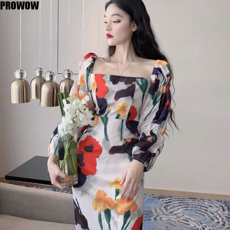 2020 Summer New Elegant Fashion Square Collar Lantern Sleeve Dress Women Flower Print High Waist Vintage Dresses
