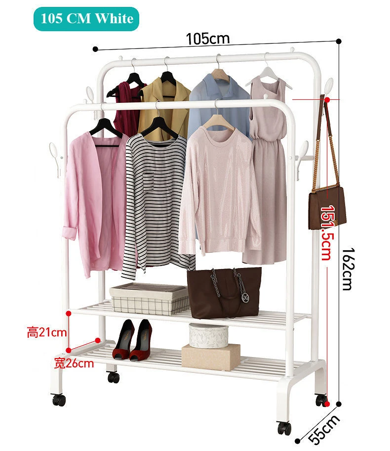 Garment Rack Floor Standing Clothes Hanger Double Pole Coat Rack Wardrobe Clothing Drying Rack Mobile Cloth Rail Home Furniture