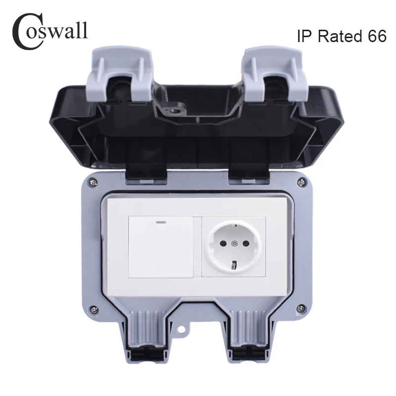 COSWALL Outdoor Wall Power Socket, IP66 weatherproof waterproof 16A EU standard outlet with 1 gang 1 way on off light switch