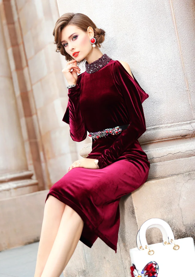 Офисное платье с бусинами, новинка, высшее качество, Осеннее женское платье для рождественской вечеринки размера плюс, зимняя бархатная посылка, платья до бедра