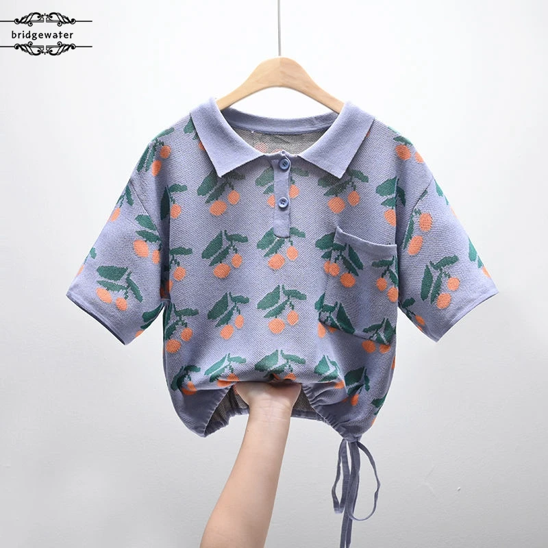 

Женская короткая рубашка в Корейском стиле, из полиэстера с отворотом и коротким рукавом, Свободный пуловер, универсальная рубашка