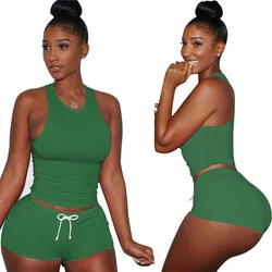 Adding Logo Women Summer Set Top And Pants Set Drawstring Short Set Skinny Solid Color Sweet Track Suit Top Pant Two Piece women's swim shorts Shorts