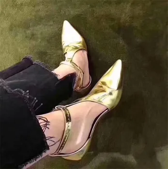 

High Quality Genuine Leather Gold Silver Sandals Women High Heels Shoes Designer Hollow Out Pointed Toe Party Ladies Pump Shoes