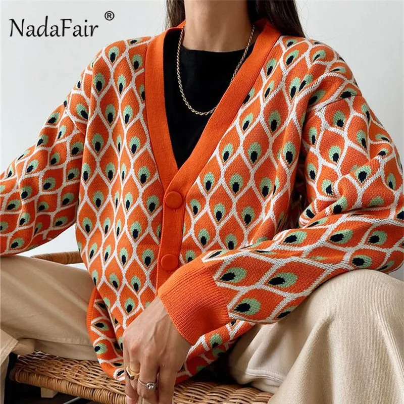 Nadafair Patterned Winter Cardigan Women Loose Autumn Fashion Y2K Overised Sweater Casual Geoetry Knitted Femme Coat |