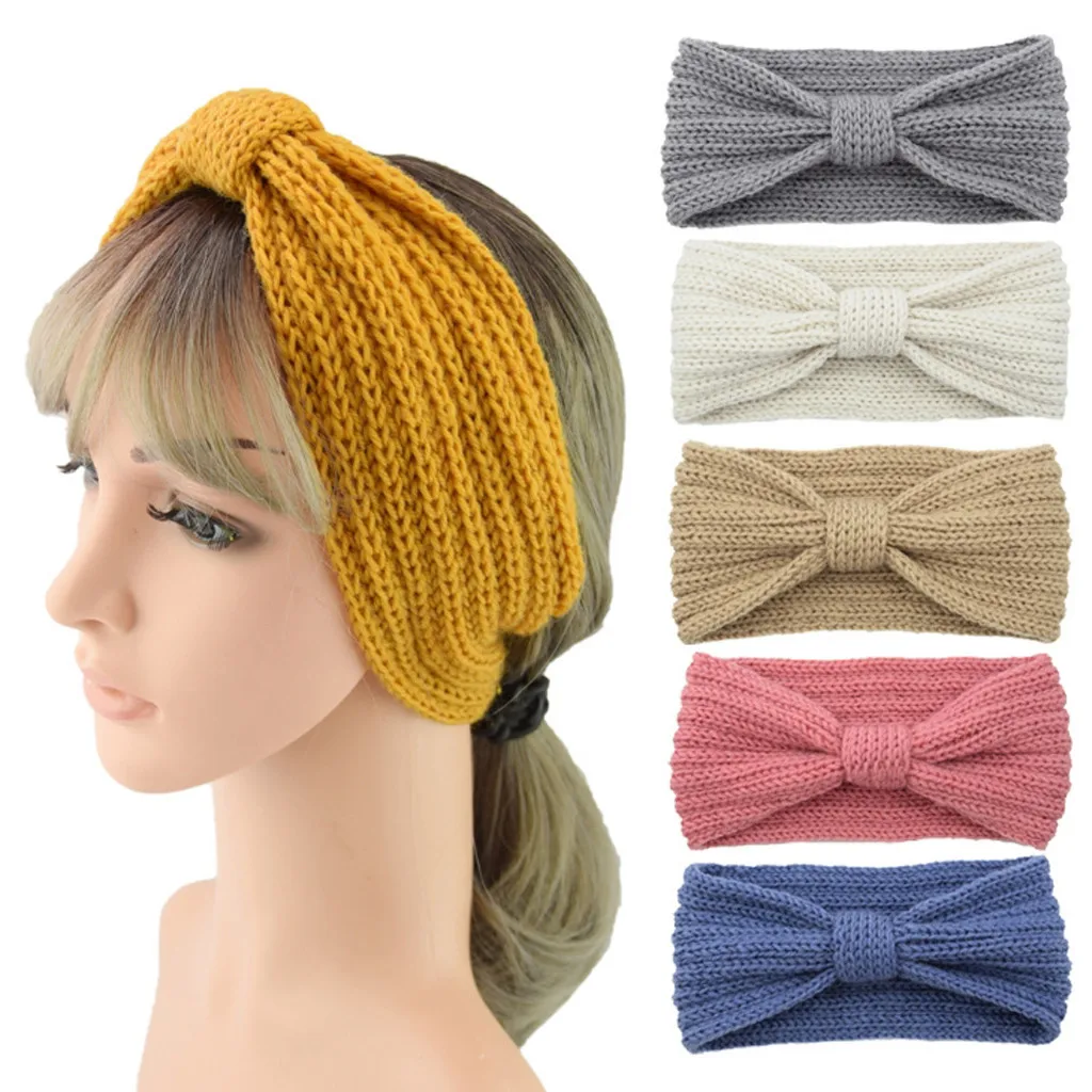 

2020 Fashion Women Knitted Wool Bow Ear Protection Sports Headband Solid Color Keep Warm Weaving Girls Hairband Hair Ring #LR1