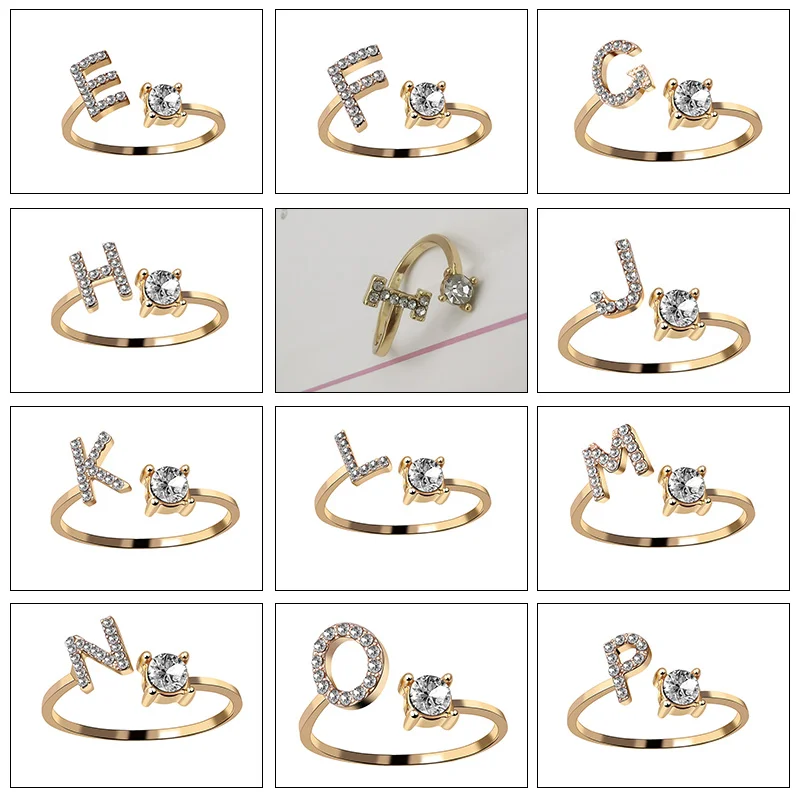 Finger Ring 26 English Letter Open A-Z Initials Name Alphabet Female Creative for Wedding Party