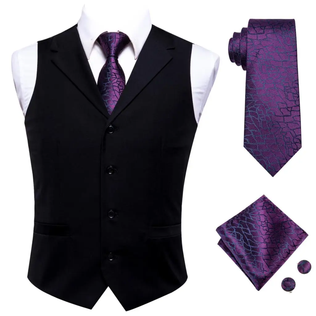 Hi-Tie Luxury Silk Mens Suit Vests Black Plain Jacquard Waistcoat Men Vest Gold Red Purple Tie Hanky Cufflinks Set for Male Gift men blazer