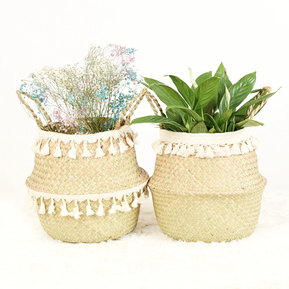 

Foldable Seaweed Weaving Flower Pot Seagrass wicker Basket Flower Plant Pot Natural Home Decor Garden Accessories