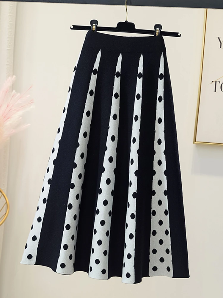TIGENA Women Knitted Midi Skirt 2021 Autumn Winter Fashion Striped Dot Print A Line High Waist Long Female Ladies Vintage | Женская