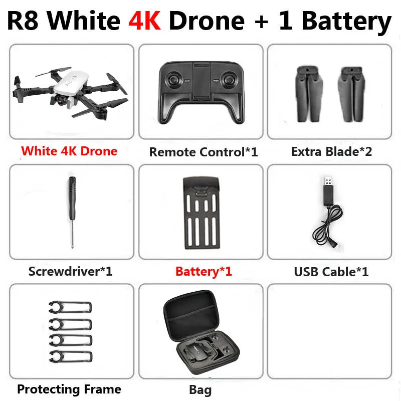 R8 1808 Drone with Dual Camera 1080P 4K PX1600W HD WiFi FPV Optical Flow Automatic Beauty RC Quadcopter Helicopter XS816 SG106 - Цвет: 4K White 1B Bag