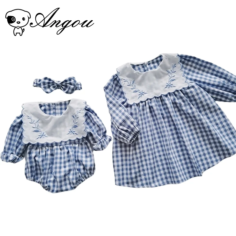 Spring Autumn Baby Girls Plaid Navy Collar Romper Sister Dress Outfit Matching Clothes Suits | Детская одежда и обувь
