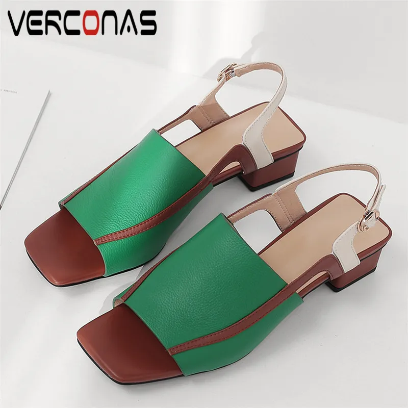 

VERCONAS Women New Arrival Genuine Leather Square Toe Thick Heels Lace Up Basic Shoes Sandals Summer High Quality Shoes Woman