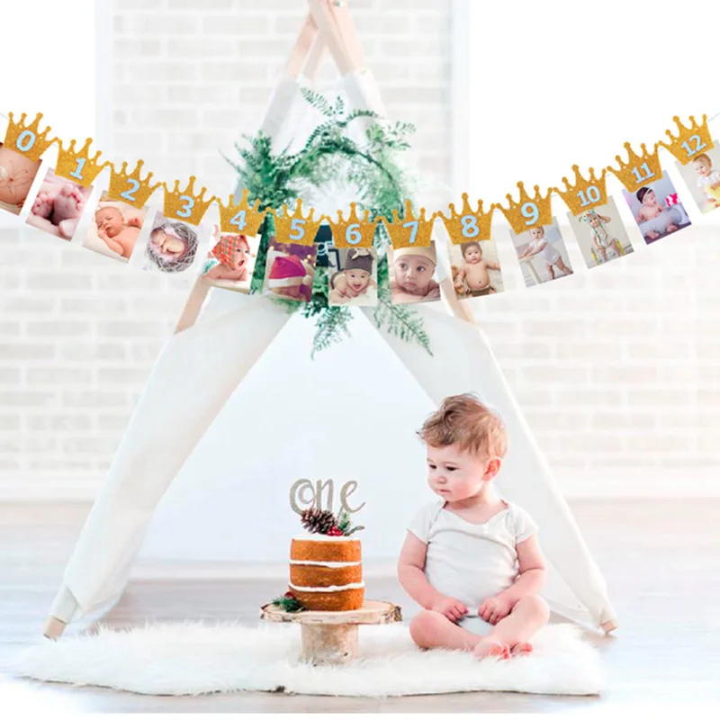 Первый баннеры для дня рождения 12 месяцев Фото овсянка Baby Shower Бумага Гирлянда
