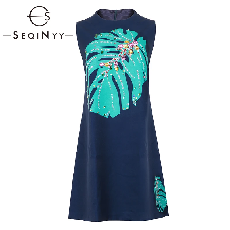 

SEQINYY Blue Dress 2020 Summer New Fashion Design Palm Leaf Bead Crystal Luxury Slim Mini Vest Dress