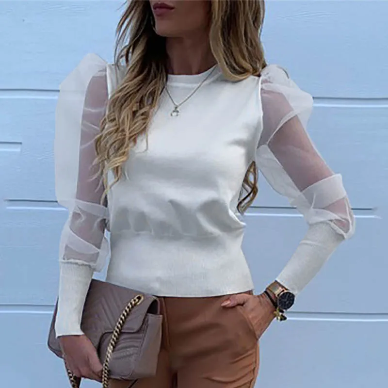 02 Solid White Женские модные, прозрачные блузки с длинным рукавом в сеточку, сексуальные топы с рукавом-фонариком, винтажные мешковатые блузки с рукавом в горошек и круглым вырезом - Цвет: 02 Solid White