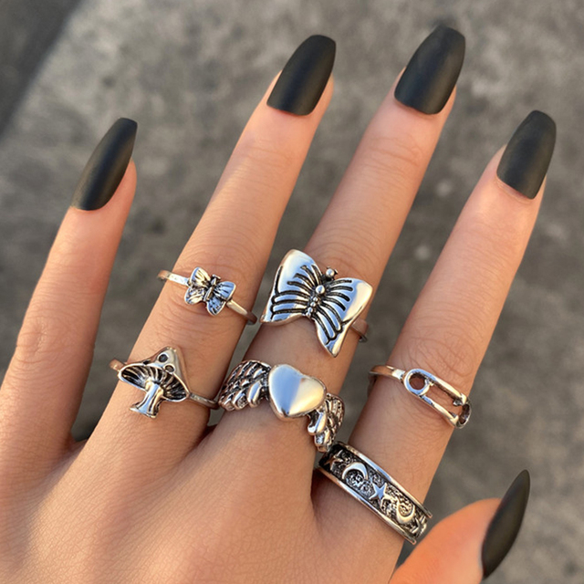 Silver Color Skull Heart Rings Set For Women Men Gothic Chain Retro Rings 2021 Trend Fashion Jewelry