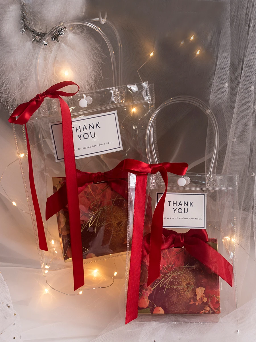 

Wedding Gift Bags Handbags With Ribbons Tags Portable Christmas Gift Packaging Bags With Handles PVC Transparent Tote Bags Decor