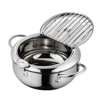 

Durable Stainless Steel Fryer Pot with Thermometer Japanese-style Frying Pan with Oil Drip Rack Lid Kitchen Cooking Utensils