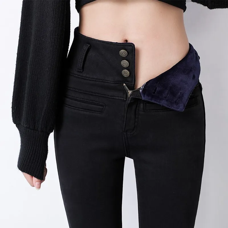 Black Velvet Джинсы женские джинсовые штаны Зимние теплые джинсы повседневные Бархатные с высокой талией Стрейчевые штаны обтягивающие джеггинсы для женщин брюки леггинсы - Цвет: Black Velvet