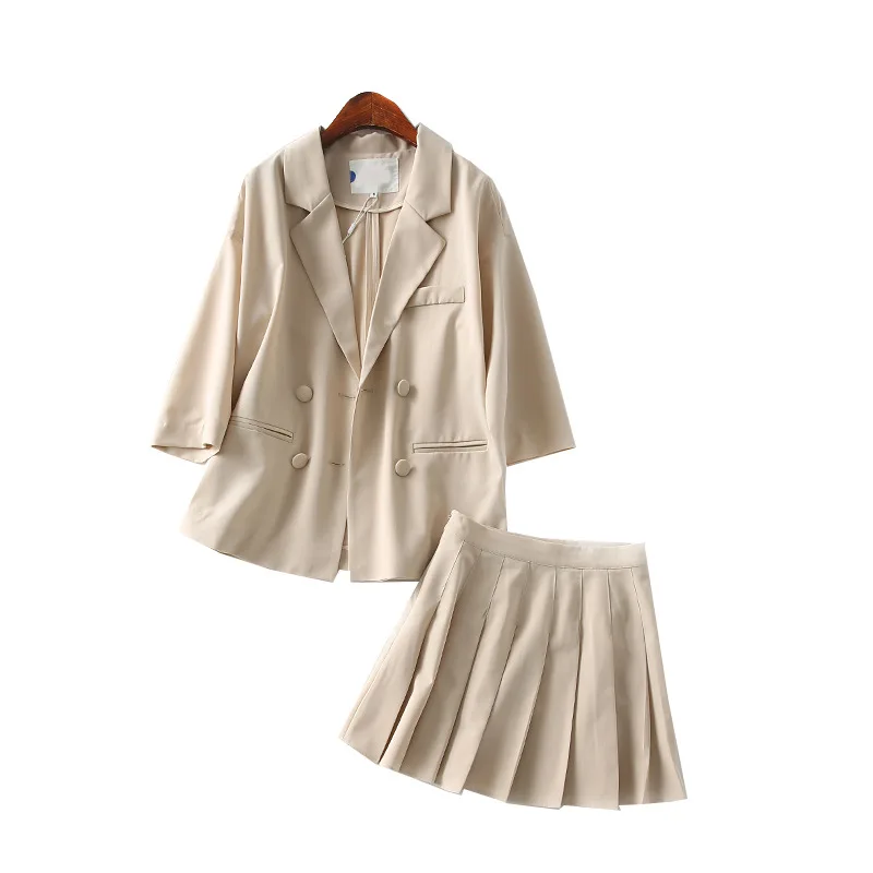 

One's Fashion Solid Color Versatile Fold-down Collar Suit Pleated Half-length Short Skirt Two-Piece Set Entity