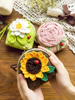 

Handmade DIY Material and Tools Crochet Knitting Wool Mini Purse Wallet Eco-dyed Needlework Rose Lotus Sunflower Decor Bag