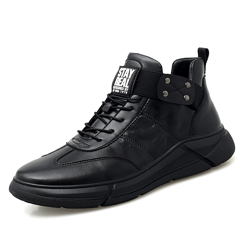 Тренд, повседневная обувь для мальчиков, кожаные кроссовки для мужчин, высокое качество, повседневная обувь для взрослых, на шнуровке, яркие черные мужские кроссовки - Цвет: Black