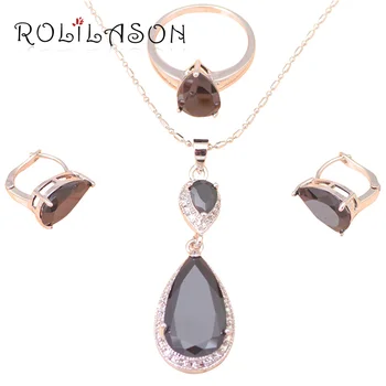 

Black crystal Water drop Zirconia Silver filled Inlay Fashion Jewelry Set Necklace Earrings Ring sz #6.5 #7.5 for women JS409