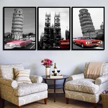 

Canvas Leaning Tower Of Pisa Painting Living Room Wall Art Red Sports Car Poster Nordic Print Retro Fashion Pictures Home Decor