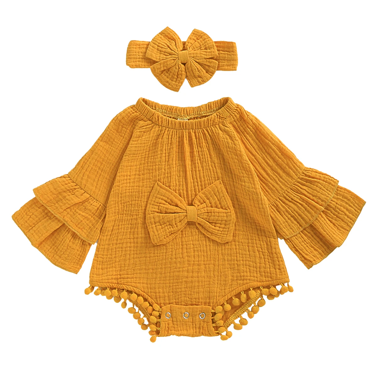 

0-18M Newborn Baby Girls Romper Flare Sleeve Jumpsuit Headband Outfit Set Off Shoulder Playsuit Clothes