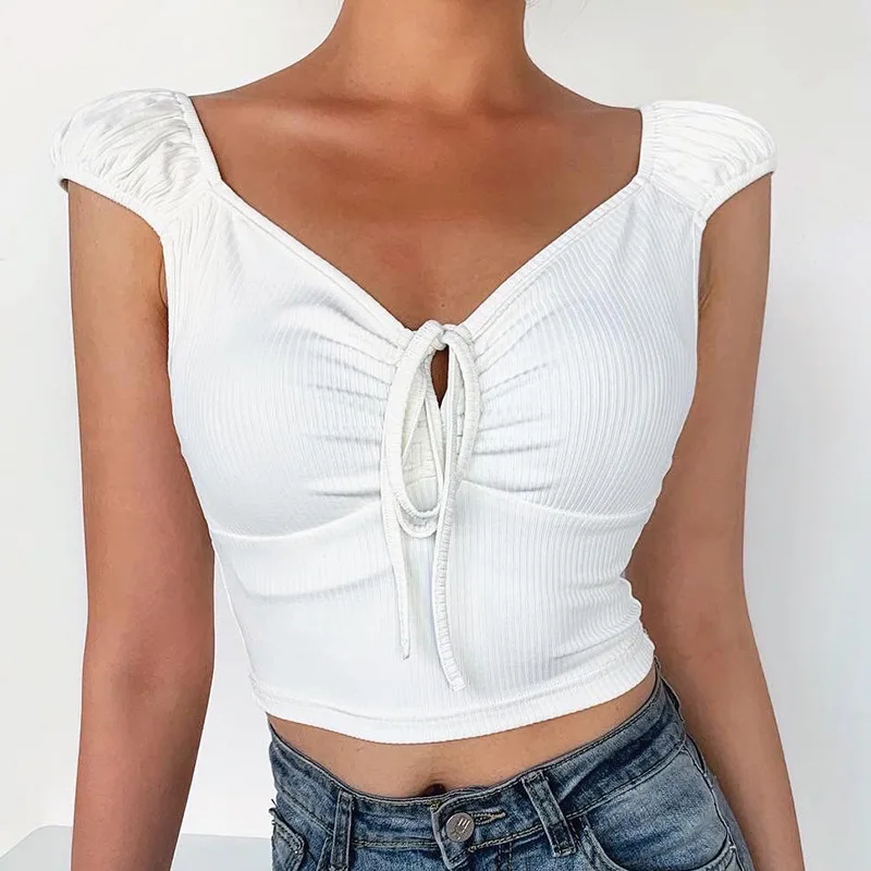2020 Women Summer Crop Top Cap Sleeve Front Drawstring Ruched V Neck Pull Tie Solid Color Pullover Solid Colot T-shirt Tops 2020 Women Summer Crop Top Cap Sleeve Front Drawstring Ruched V Neck Pull Tie Solid Color Pullover Solid Colot T-shirt Tops