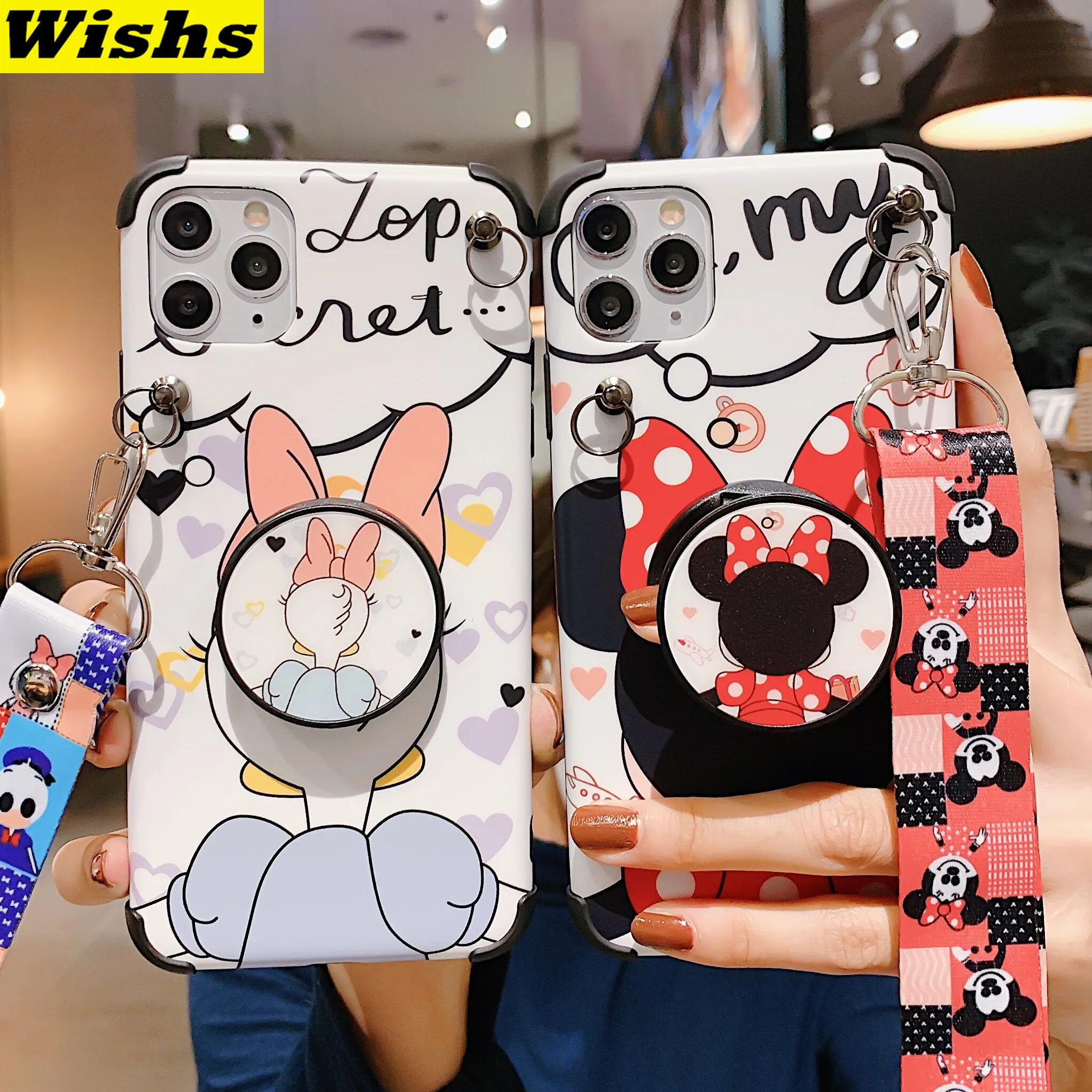 

Cute Cartoon Minnie Daisy stand holder with lanyard case for iphone 6S 7 8 plus 11 Pro X XS MAX XR 3D lovely Girl phone cover