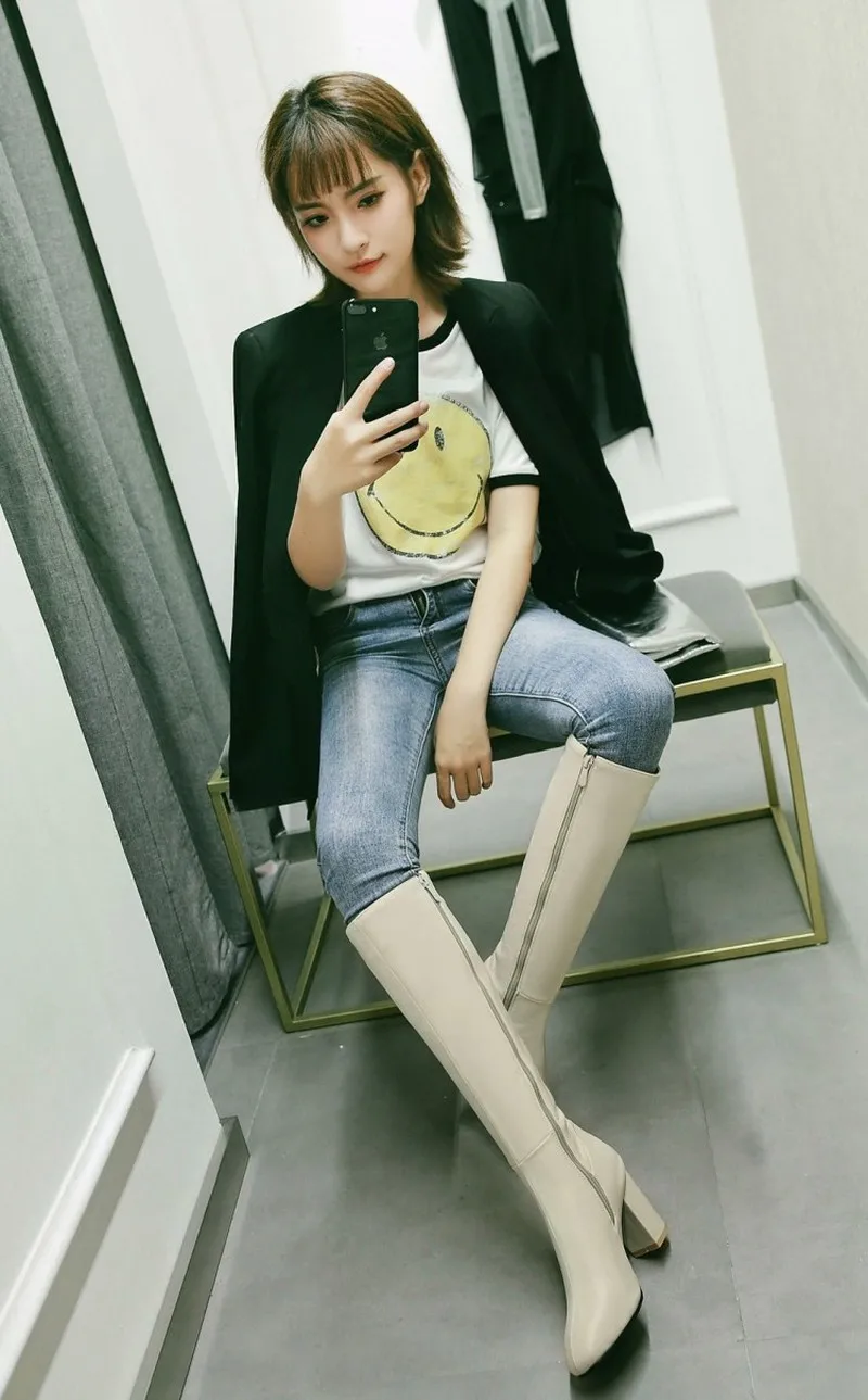 Большие Size32-45; модные ботинки на квадратном каблуке; сезон осень-зима; женская обувь на высоком каблуке с квадратным носком на молнии; сапоги до колена; женская обувь; ; MAZIAO
