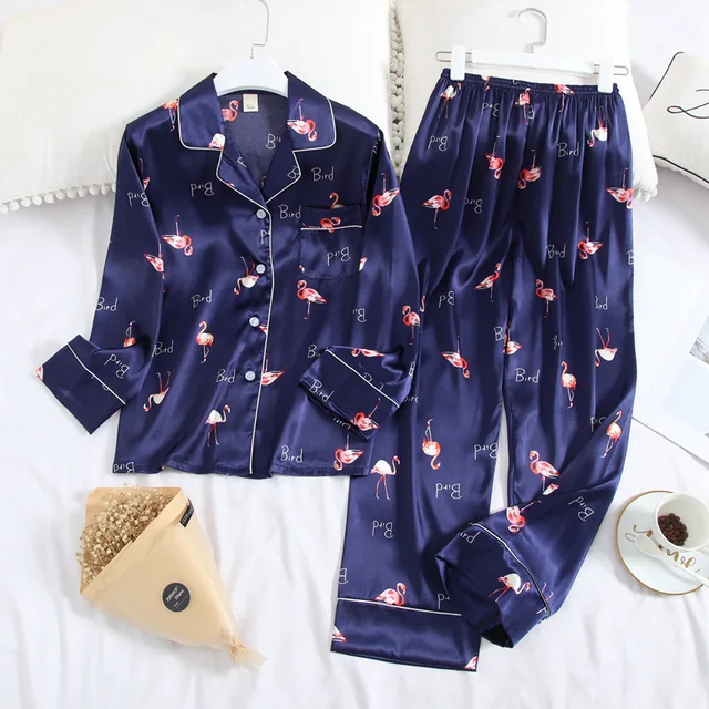 Lisacmvpnel Long Sleeve Pajamas Autumn Ice Silk Long Sleeve Trousers Suit Printing Fashion Pyjamas Set Blue Flamingo