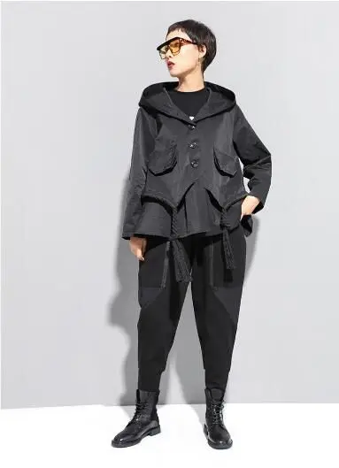 NYFS New Autumn women Hooded coat Loose Fashion Pocket waist jacket
