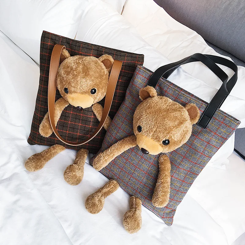

2019 New Style Woolen Plaid Shopping Bag Plush Bear Shoulder Oblique Handbag