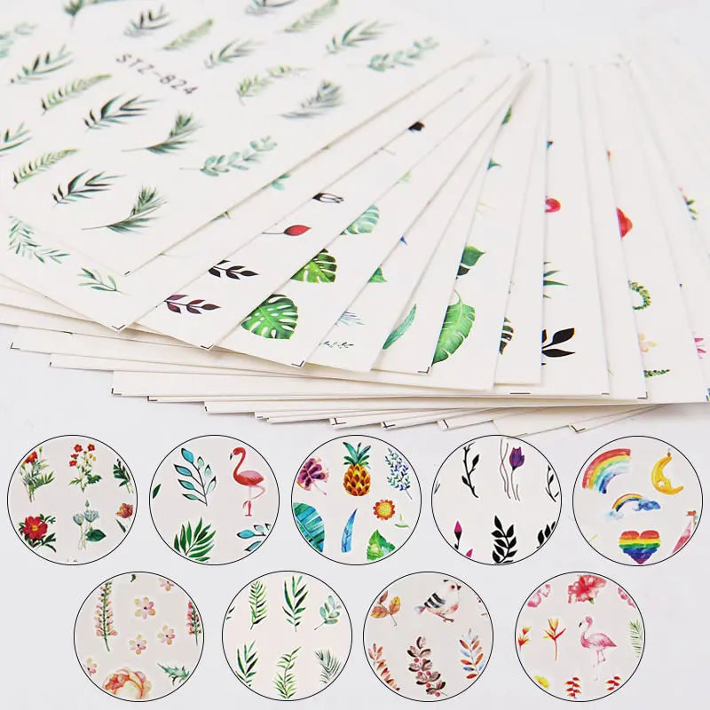 

1pc Water Nail Decal & Sticker Flower Leaf Tree Nail Stickers Flower Summer Style For Manicure Flamingo Nail Art Decorations