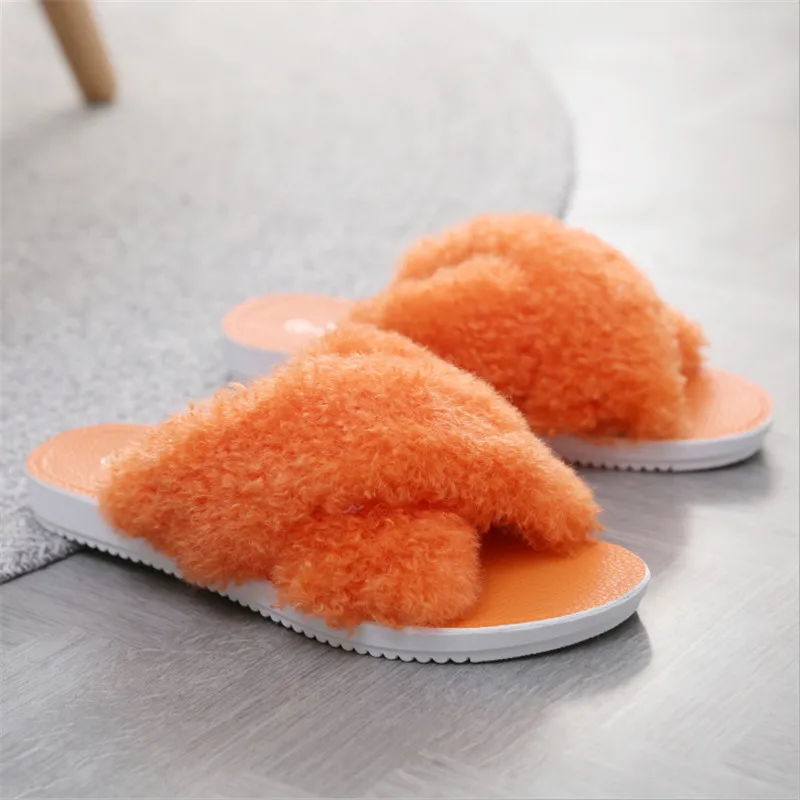 

Women Faux Fur Home Slippers Ladies Cross Soft Plush Furry Female Open Toe Women's House Shoes Fashion Woman Slides