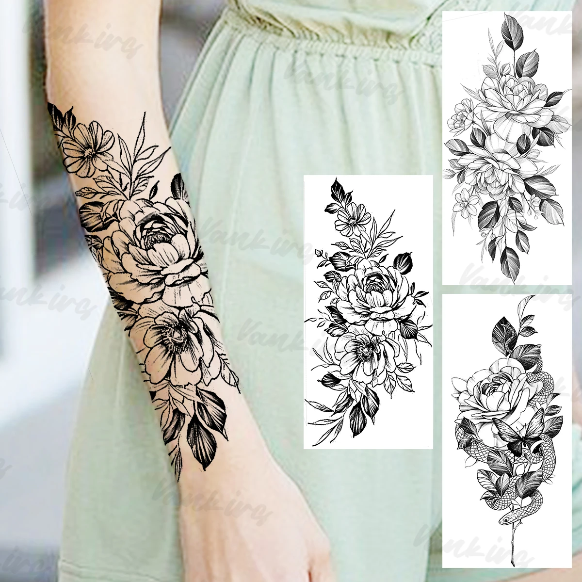 

Black Dahlia Temporary Tattoos For Women Realistic Peony Rose Flower Snake Fake Tattoo Sticker Sexy Forearm Waterproof Tatoos