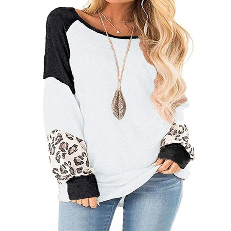 Слоновая кость Осень новые европейские и американские женские взрывы Leopard3-color мозаика свободные фонарь рукав T - Цвет: Слоновая кость